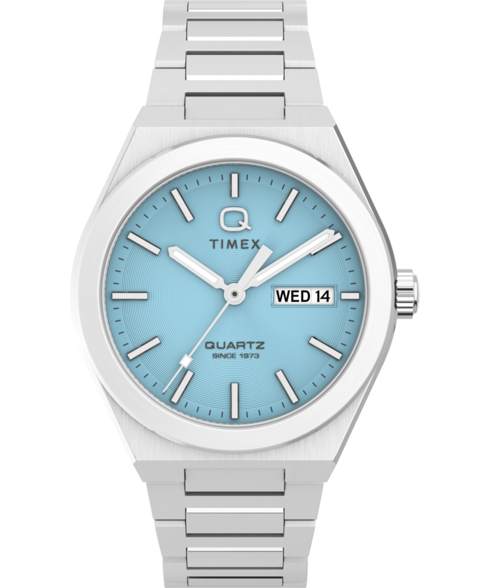 Q Timex® Continental Day and Date 39mm Stainless Steel Bracelet Watch