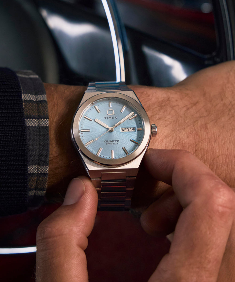 Q Timex® Continental Day and Date 39mm Stainless Steel Bracelet Watch