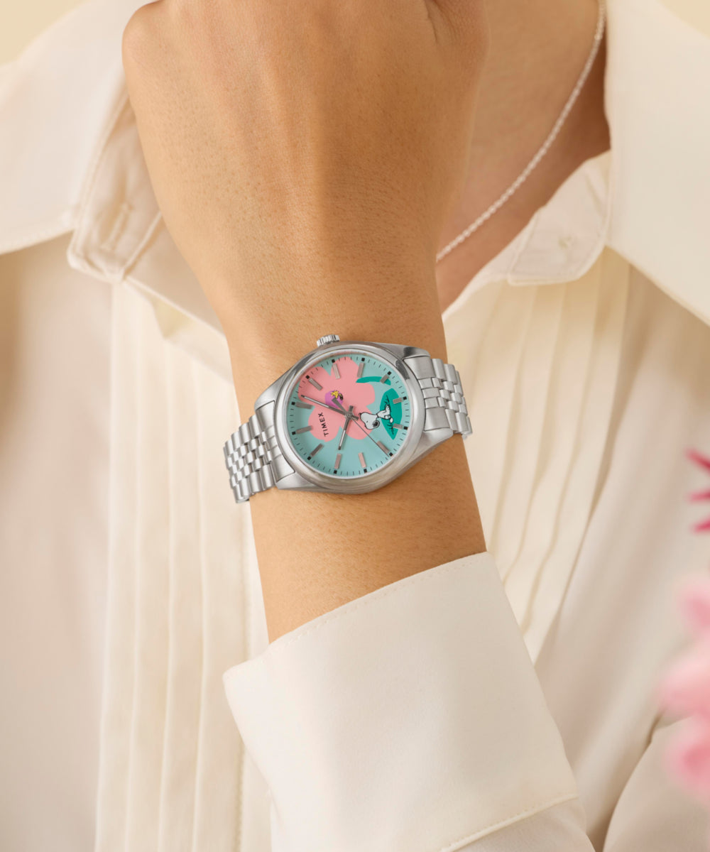 Peanuts® x Timex Legacy Snoopy with Flower Dial 36mm Stainless Steel Bracelet Watch